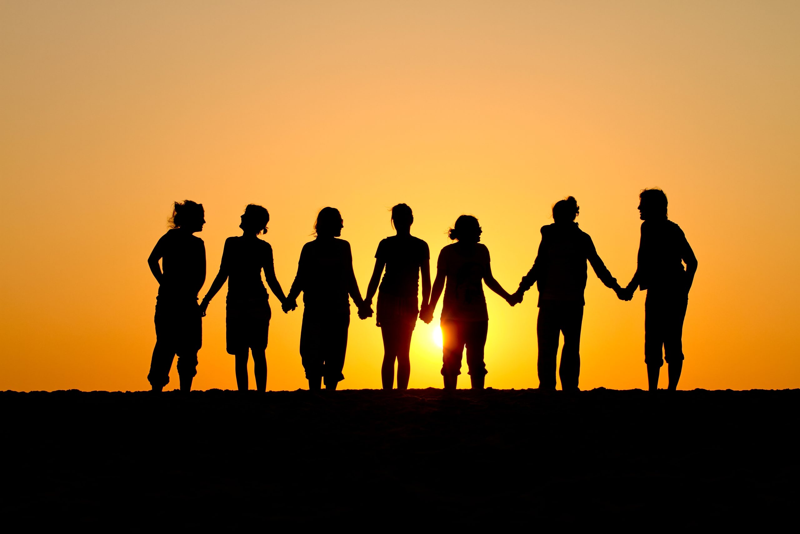 group of people holding hands at sunset