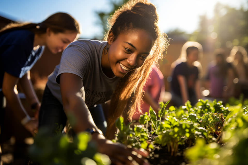 image of a young woman planting vegetables in a community garden